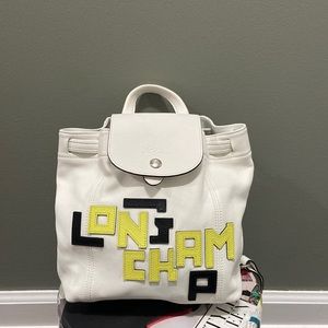 Pillage white  leather Longchamp logo backpack
